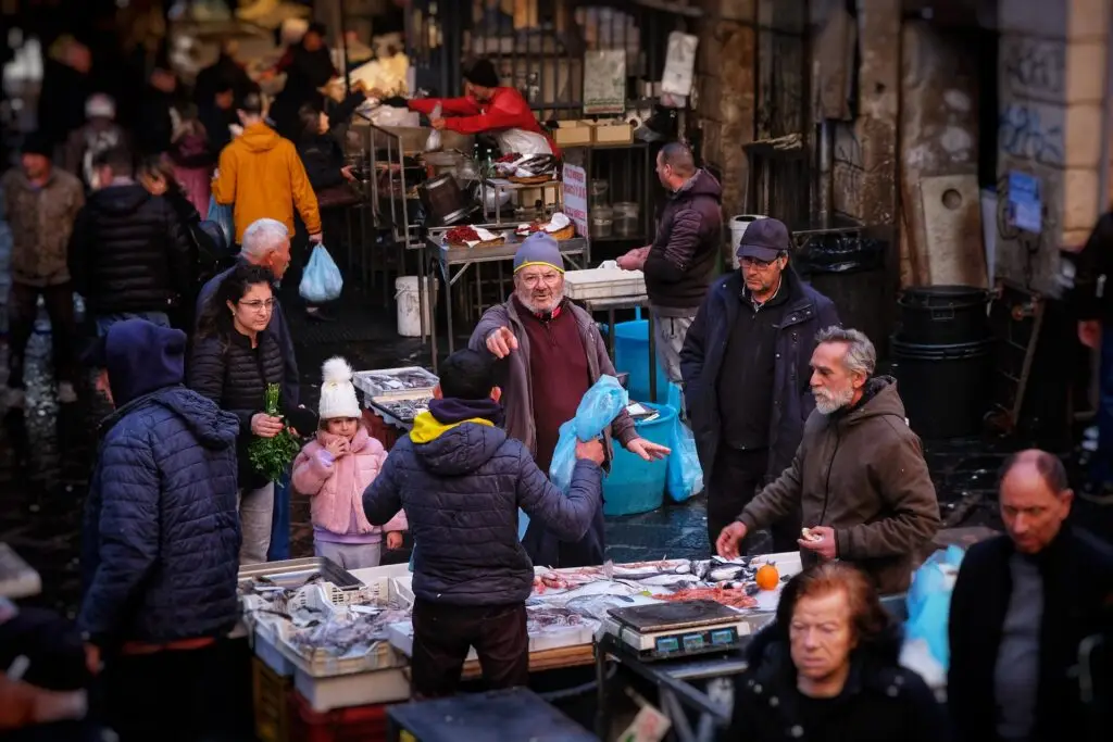Bustling fish market in Catania (La Pescheria)